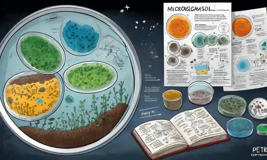Microorganismos que crecen en muestras de suelo en platos petri, con diagramas ambientales y notas de investigación que los rodean.