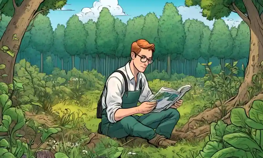 Ecologista estudiando microbioma de plantas en un entorno forestal o prado.