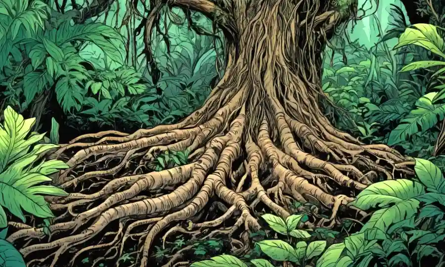 Cerca de diversas raíces vegetales rodeadas de vegetación exuberante.