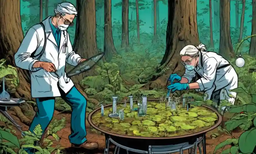 Científicos que estudian endofitas fúngicas en bosques con equipos de laboratorio y muestras.