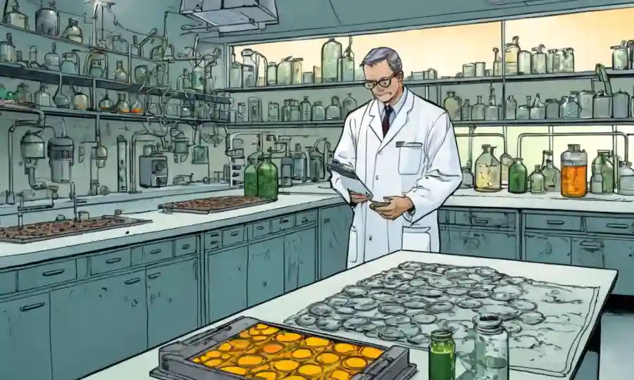 Científico que estudia moldes en un entorno de laboratorio en medio de equipos agrícolas.
