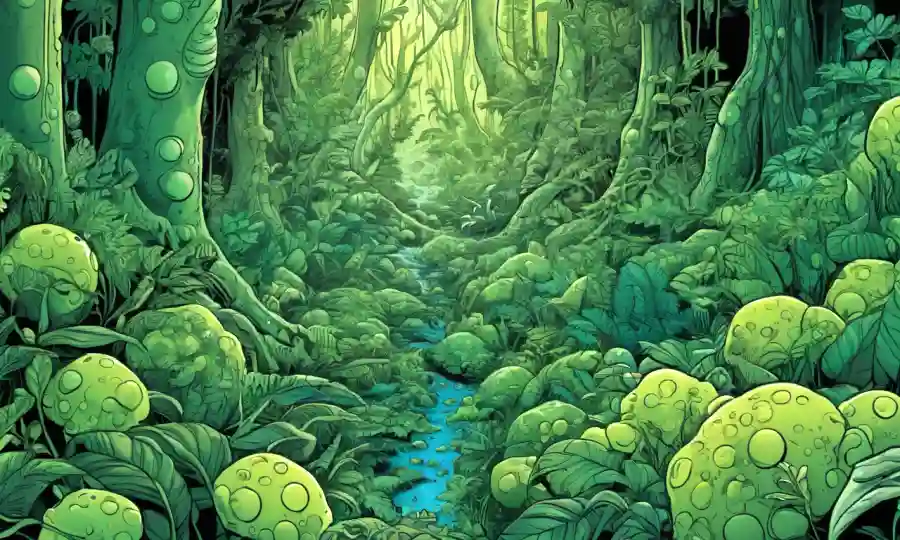 Microorganismos que crecen dentro de los tejidos vegetales en medio de exuberantes bosques verdes.