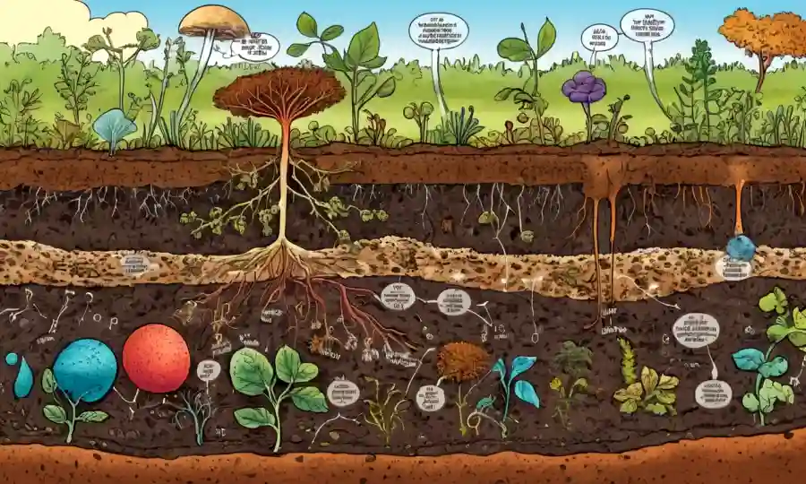 Imagen microscópica de microorganismos beneficiosos en suelo o plantas, con diagramas y fórmulas científicas.