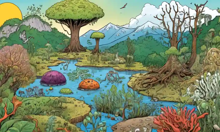Una ilustración científica de diversos organismos endofiticos en ecosistemas naturales con gráficos y gráficos.
