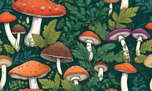 Diversos tipos de hongos con diferentes formas de tapa y colores creciendo en medio del follaje.