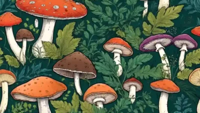 Diversos tipos de hongos con diferentes formas de tapa y colores creciendo en medio del follaje.