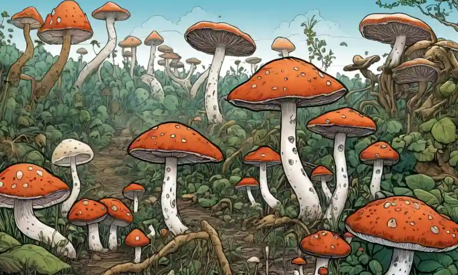 Crecimiento de hongos en medio de diversos factores ambientales, que representan el impacto en la diversidad fúngica y la calidad de los ecosistemas.