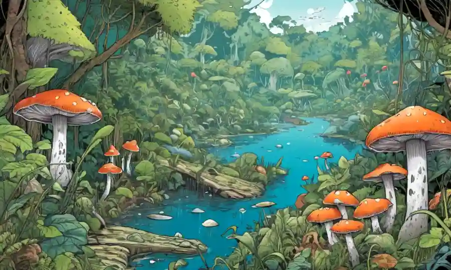 Un collage de hongos creciendo en diferentes ecosistemas entre vegetación y agua.