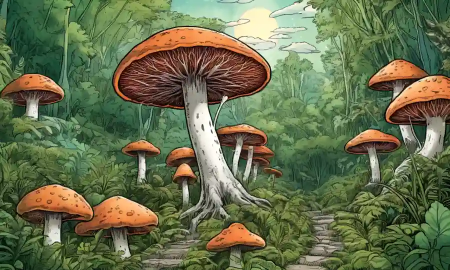 Una ilustración de hongos rodeados de exuberantes vegetación y flechas que apuntan a los beneficios de las redes de micorriza.