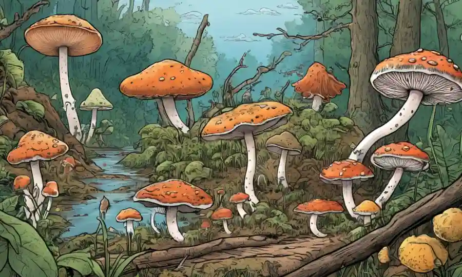Ilustraciones de diversas especies de hongos en diferentes ecosistemas, con temas de conservación y diversidad.
