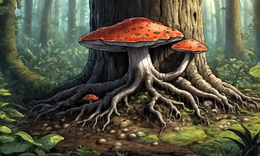 Fungi mycorrhizae ilustrado en un tronco de árboles rodeado de elementos de ecosistemas forestales.