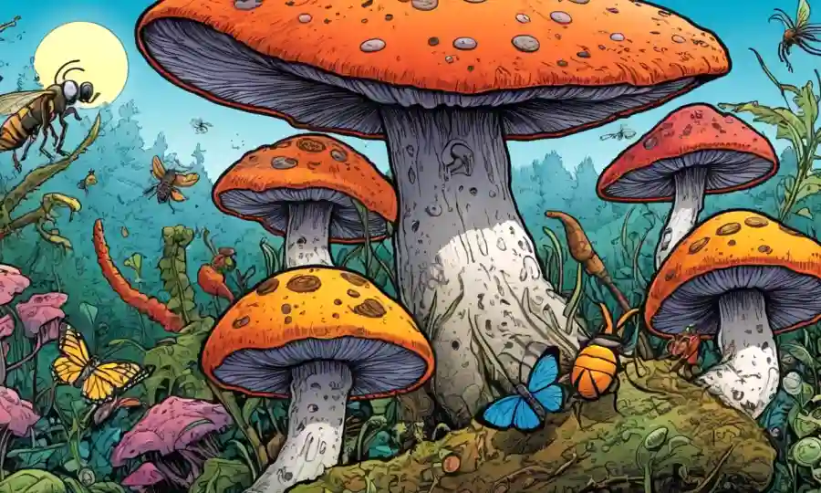 Ilustraciones de varios hongos e insectos formando relaciones simbióticas en colores vibrantes.