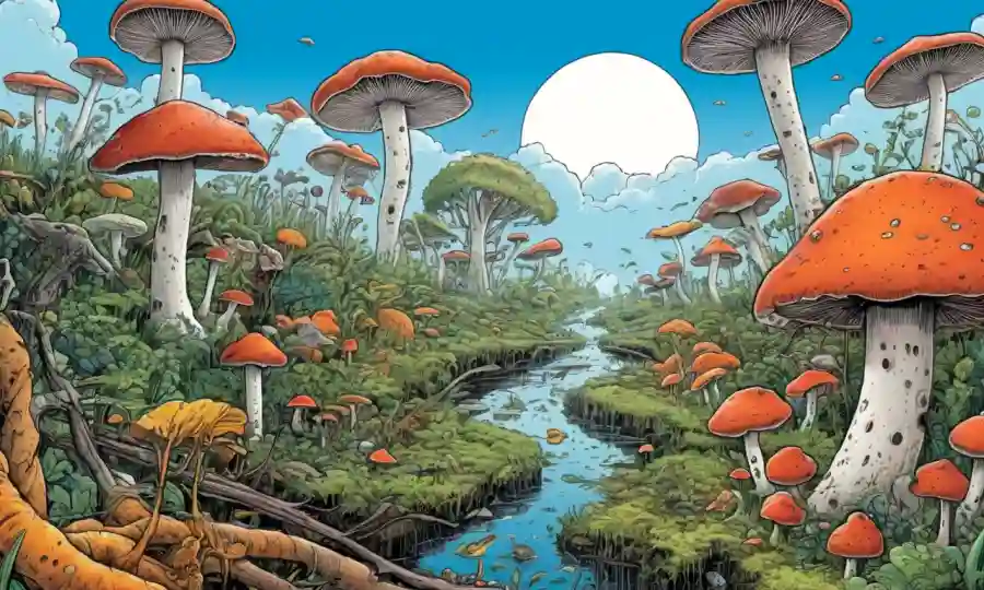 Una imagen de estilo documental con hongos y películas fusionadas para ilustrar el impacto del cambio climático en la simbiosis.