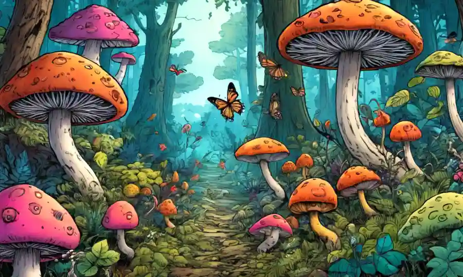 Los hongos morfizantes y los insectos interactúan en un colorido paisaje forestal.