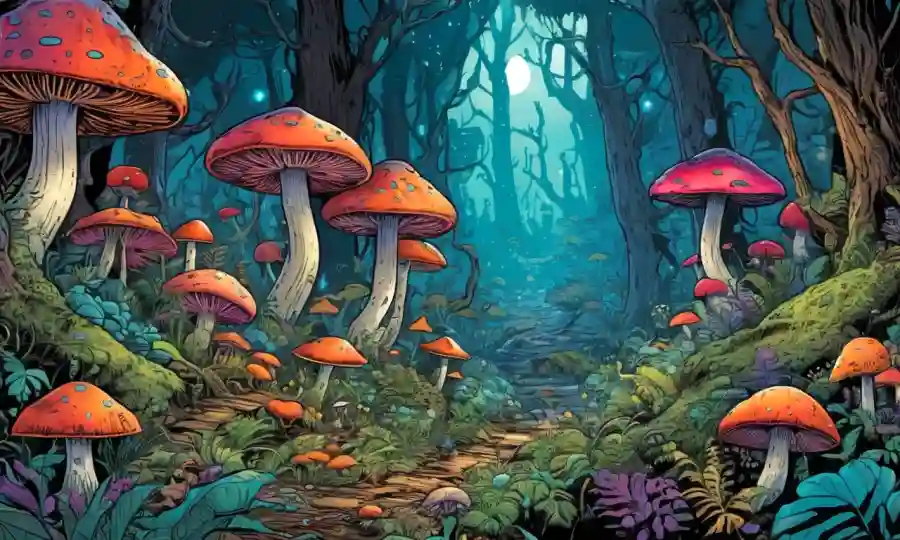 Vibrant hongi y vida vegetal ilustrados en una escena forestal de otro mundo.