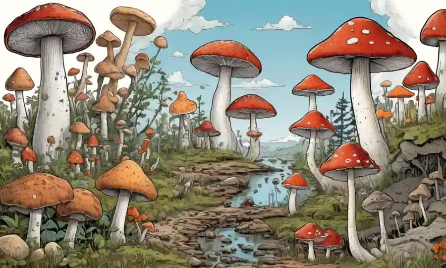 Una ilustración que compara la vida útil de diferentes especies de hongos y sus efectos en humanos.