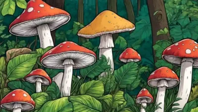 Imágenes de varios hongos rodeados de exuberantes follaje y elementos naturales.