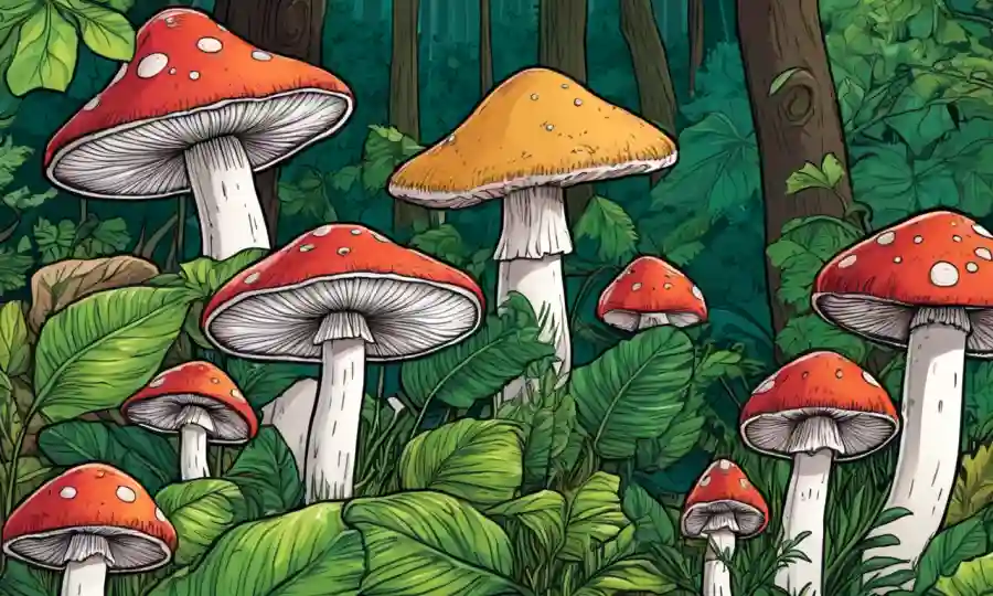 Imágenes de varios hongos rodeados de exuberantes follaje y elementos naturales.