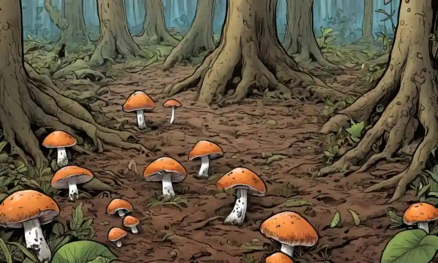 Fungi creciendo en el suelo del bosque, rodeado de materia orgánica descompuesta.