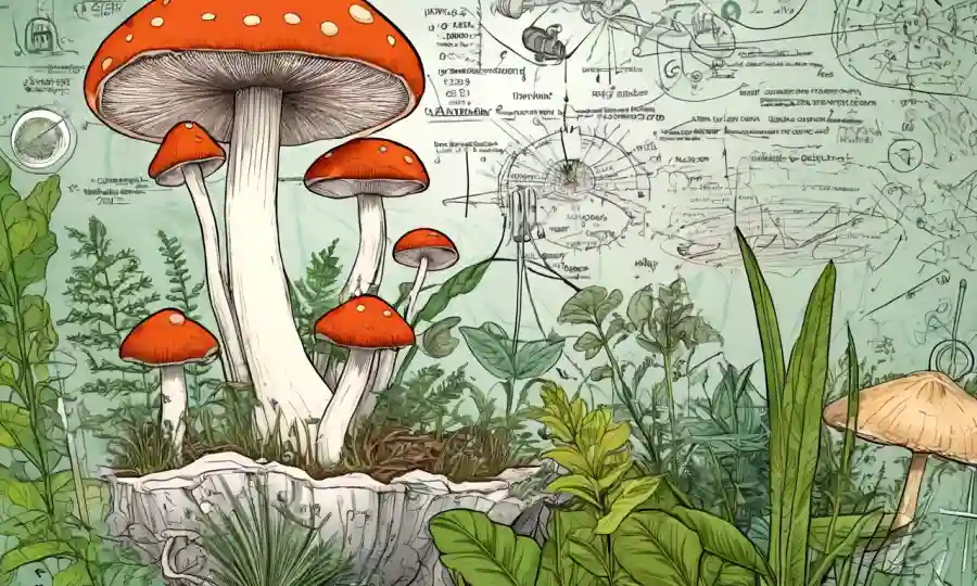 Un hongo creciendo en medio de la vida vegetal, rodeado de diagramas y ecuaciones científicas.
