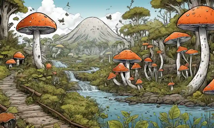 Las ilustraciones de hongos con flechas y diagramas revelando adaptaciones ecológicas.