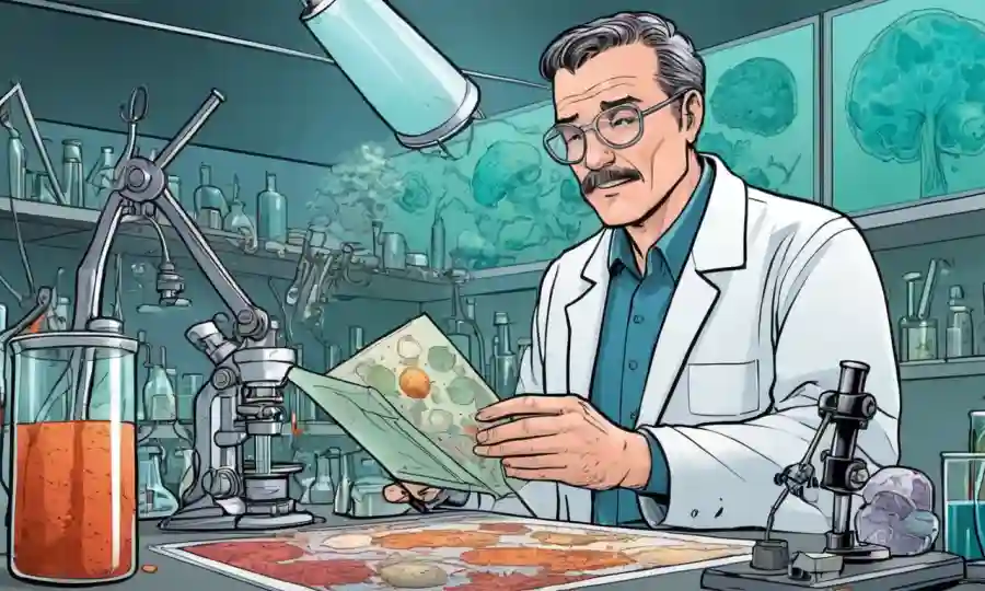 Científico en un laboratorio que estudia hongos con diversos equipos y diagramas.