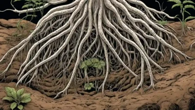 Ilustración científica de hifae fúngica rodeada de raíces vegetales