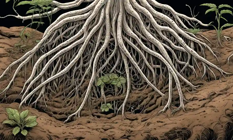 Ilustración científica de hifae fúngica rodeada de raíces vegetales