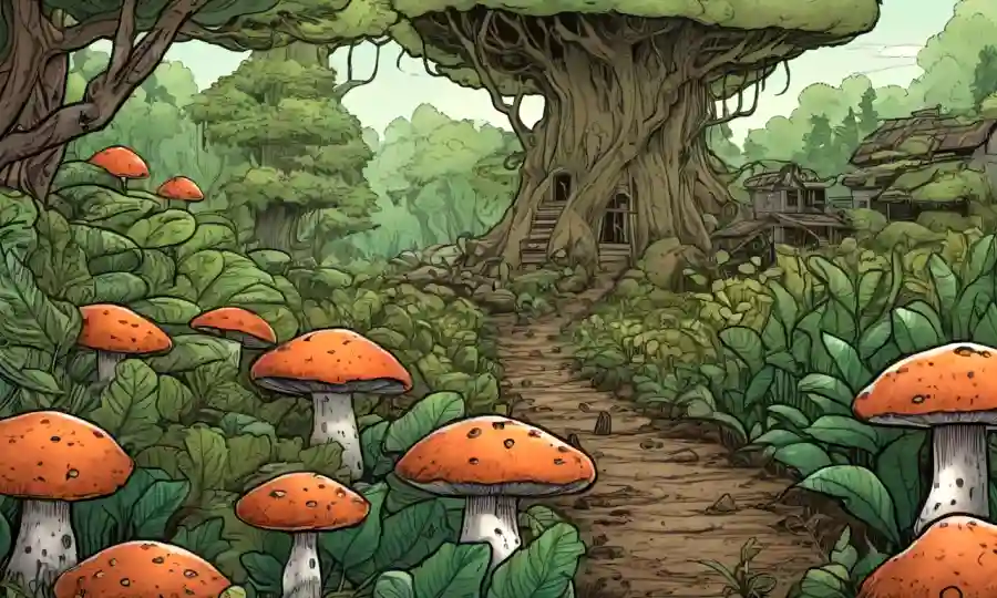 Ilustración de concepto de agricultura basada en hongos entre plantas verdes y tonos terrenales.