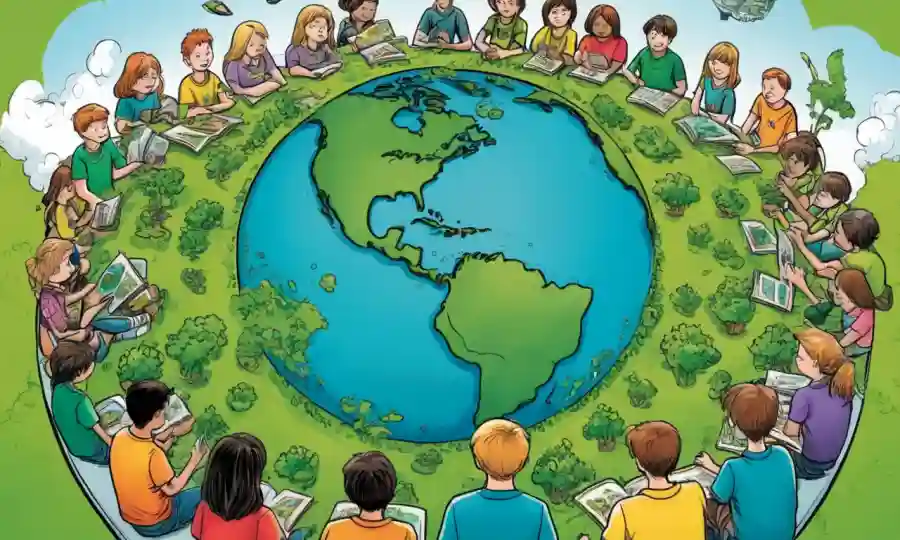 Tierra verde rodeada de estudiantes que aprenden sobre conceptos ecológicos.