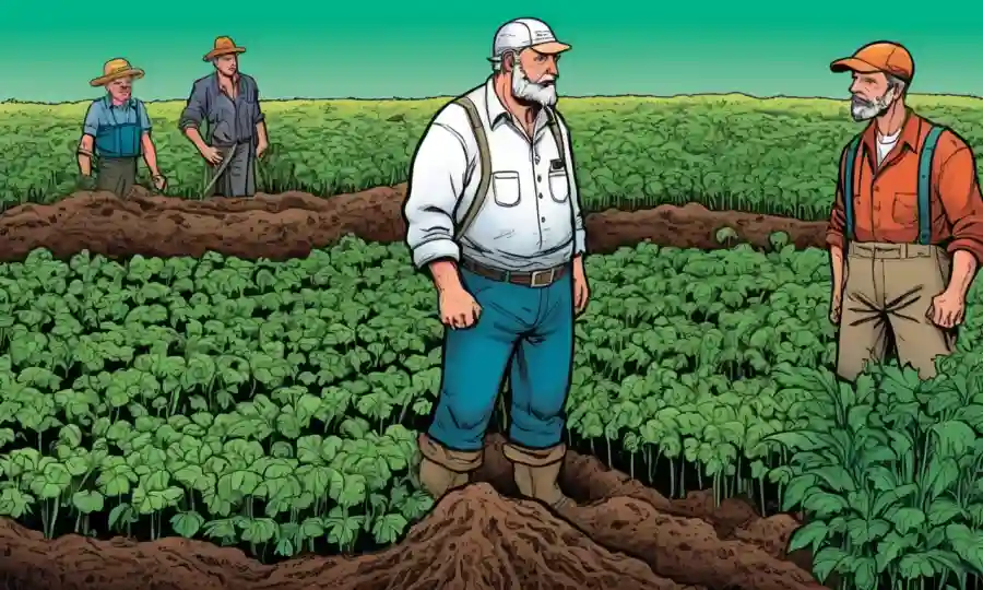 Agricultores de pie en un campo con plantas verdes y suelos que los rodean, relacionados con hongos micorrizales.