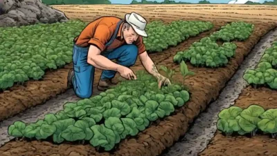 Agricultor examinando plantas sanas rodeadas de ilustraciones de hongos del suelo.