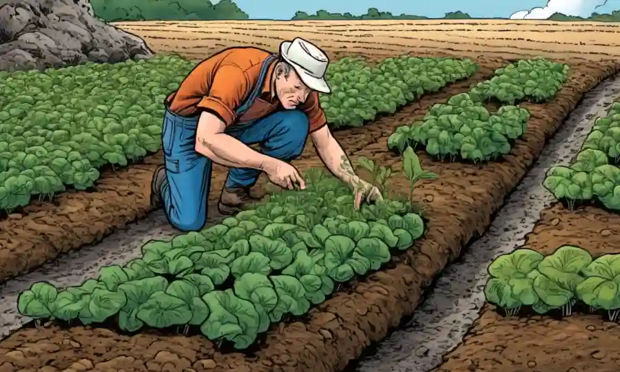 Agricultor examinando plantas sanas rodeadas de ilustraciones de hongos del suelo.