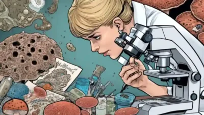 Un profesional médico que examina muestras de piel bajo un microscopio