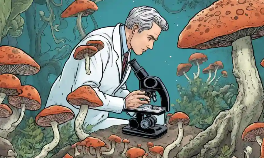 Una persona mirando una diapositiva de microscopio, rodeada de ilustración de crecimiento de hongos.