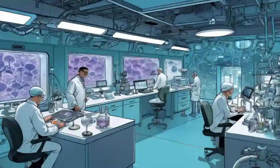 Investigadores que estudian hongos en un laboratorio en medio de diagramas futuristas y equipos tecnológicos.