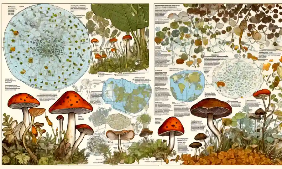 Ilustraciones científicas de hongos rodeados de gráficos y datos sobre casos de control biológico exitosos.