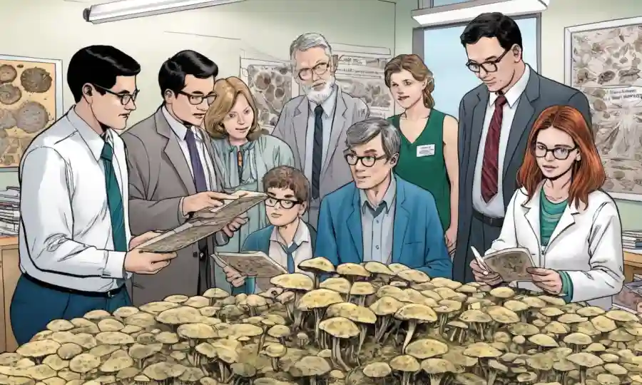 Profesores y estudiantes se reunieron en torno a muestras fúngicas, ilustrando métodos educativos.
