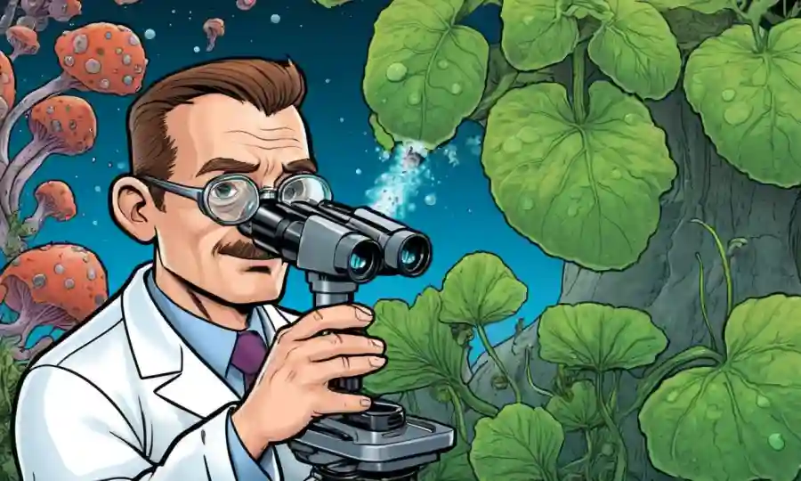 Científico que sostiene un microscopio, con células fúngicas o plantas en el fondo.
