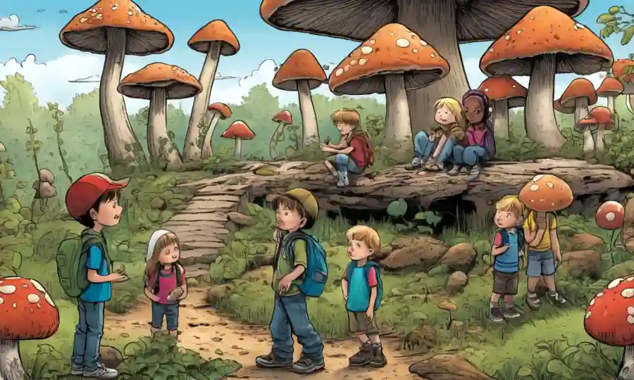 Un grupo de niños se reunieron alrededor de una exposición de hongos, mirando los ejemplos de hongos tóxicos.