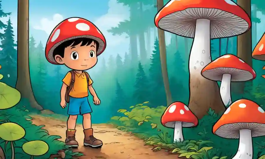 Un niño mirando un cartel educativo sobre la seguridad de las setas en una escena forestal brillante y colorida.
