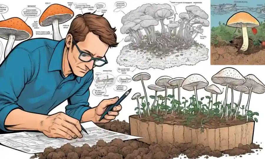 Un investigador que estudia el crecimiento de hongos en el suelo con diagramas y gráficos.