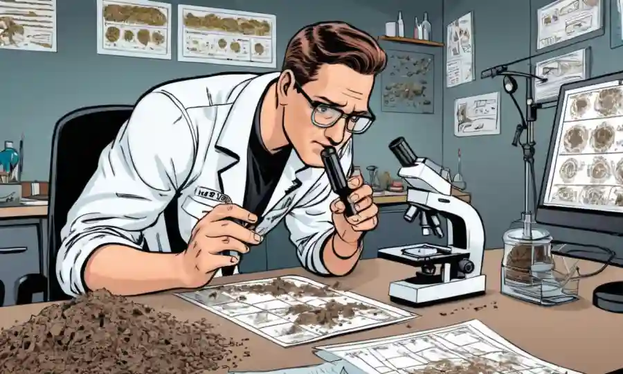 Científico estudiando muestras de suelo con microscopio y gráficos de fondo.