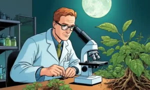Científico examinando las raíces de las plantas con microscopio o equipo de laboratorio.