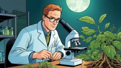 Científico examinando las raíces de las plantas con microscopio o equipo de laboratorio.