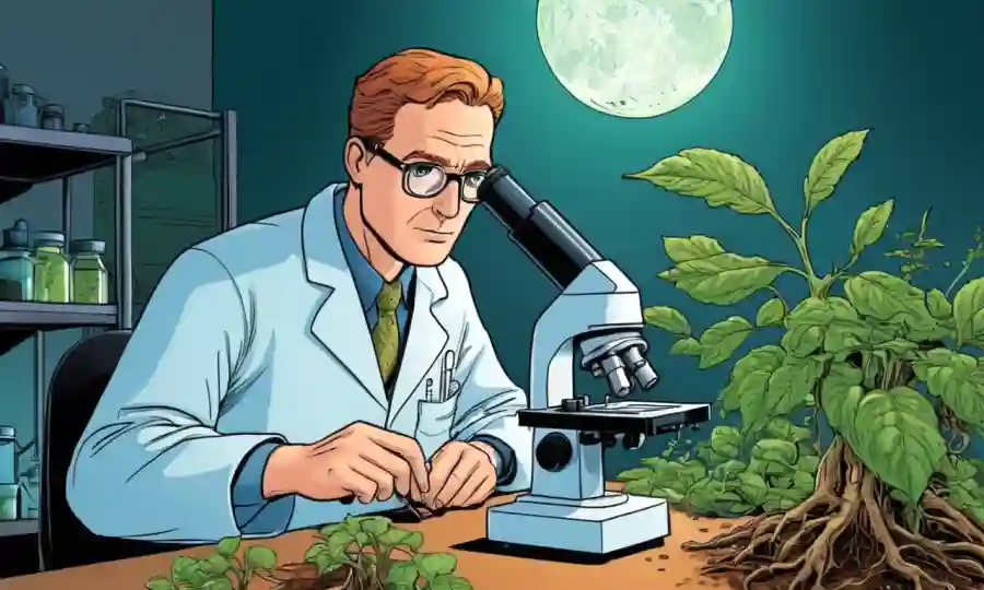 Científico examinando las raíces de las plantas con microscopio o equipo de laboratorio.