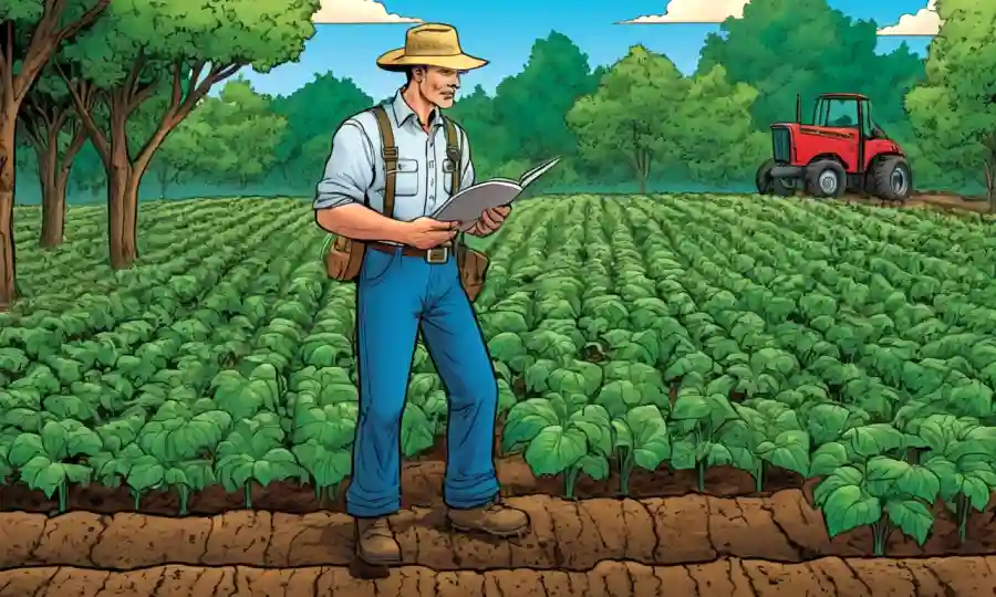 Un agricultor que estudia el crecimiento saludable de cultivos en medio de plantas verdes y suelos.