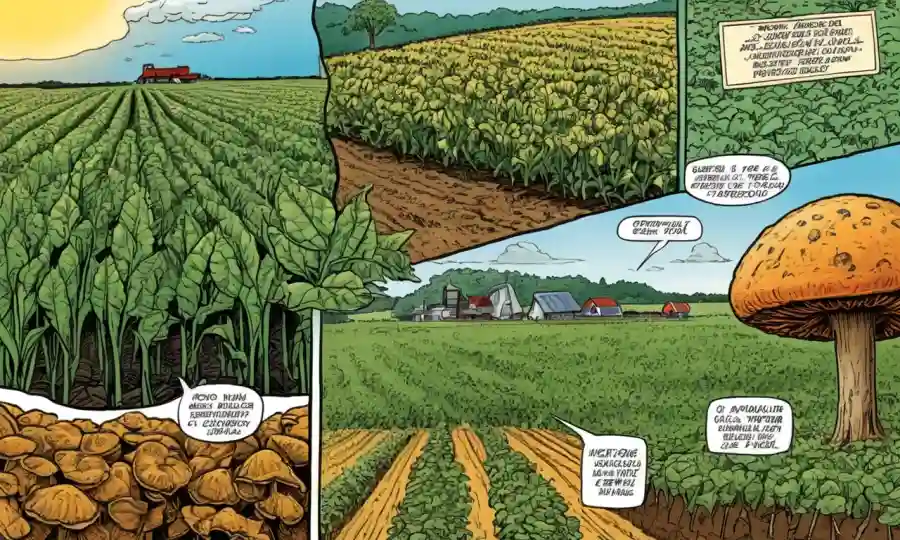 Imágenes científicas de cultivos, hongos microscópicos y diagramas que ilustran conceptos de investigación agrícola.