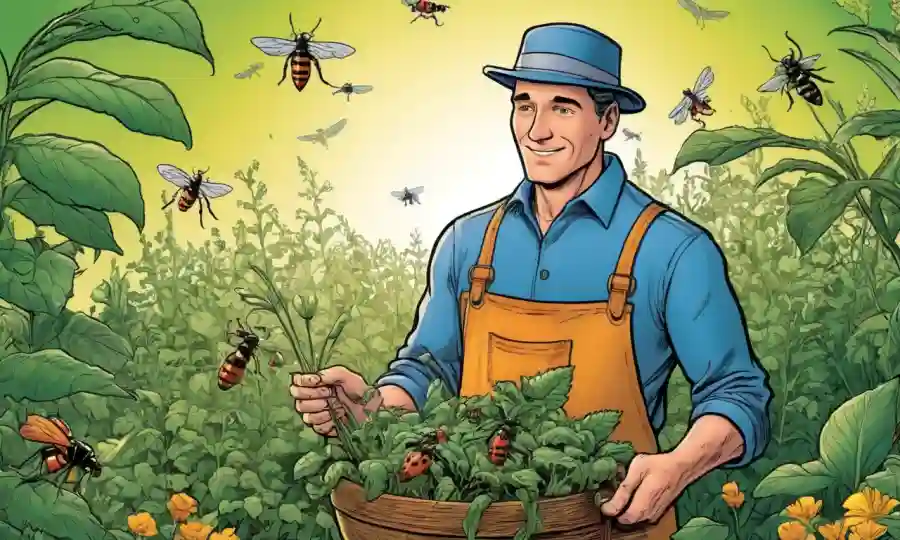 Un jardinero que sostiene una cosecha con insectos beneficiosos visibles entre las plantas.