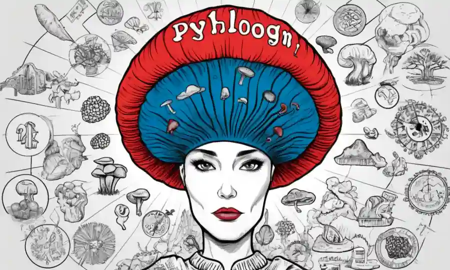 Una gorra de hongos rodeada de símbolos y gráficos relacionados con la psicología, que transmite la relevancia de los conceptos.